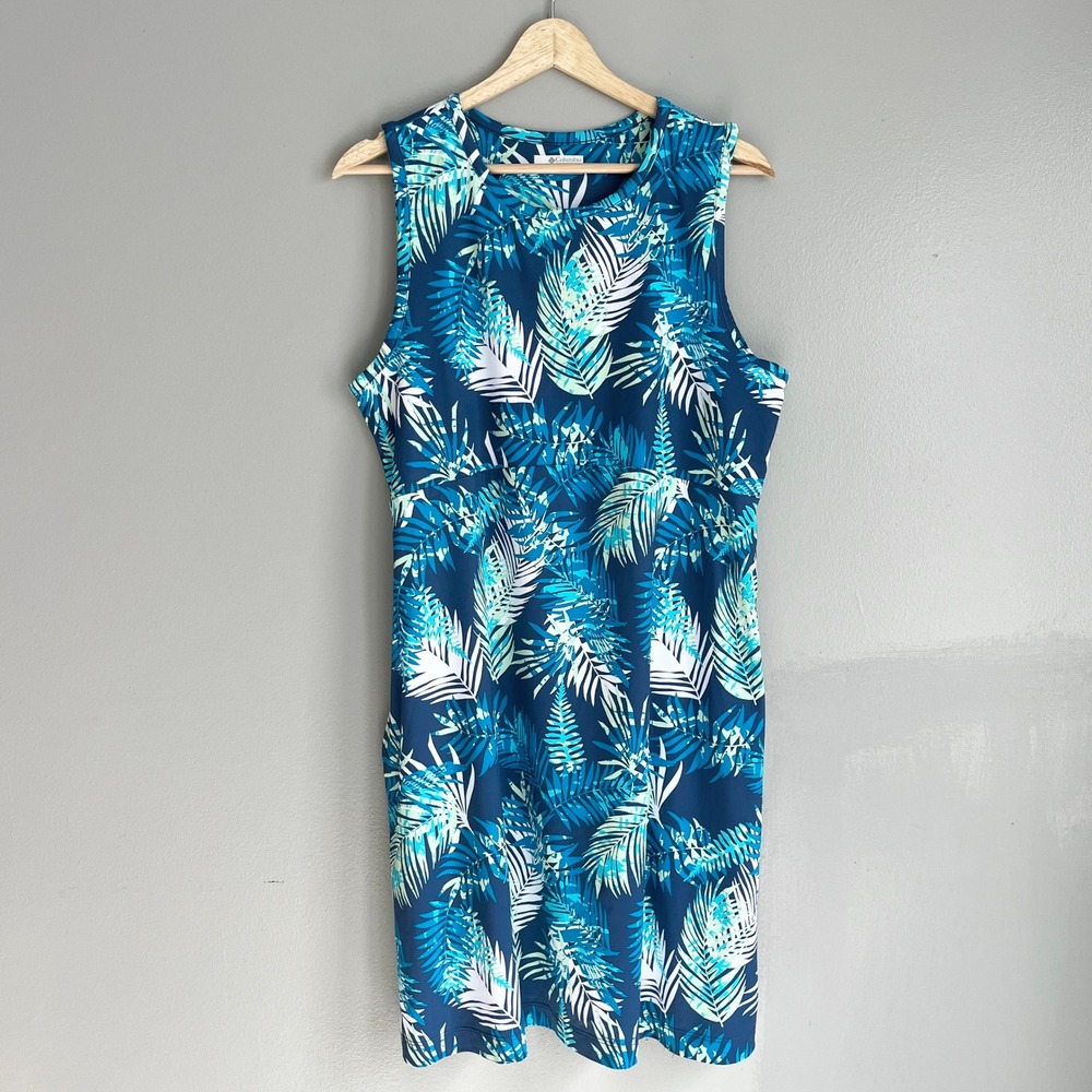 Columbia PFG Freezer Tank Dress Womens XL Blue Tropical Palm Leaf Sleeveless